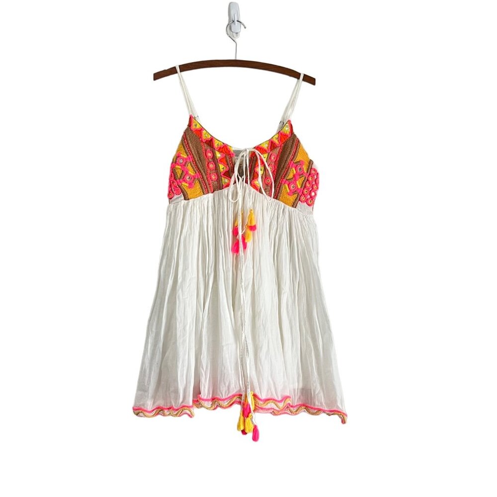 Revolve Raga Womens Pink Yellow Embroidered Tassel Coastland Babydoll Dress M